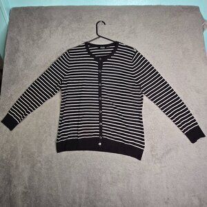 Jones New York Cardigan Women's XL Black White Striped Long Sleeve Sweater